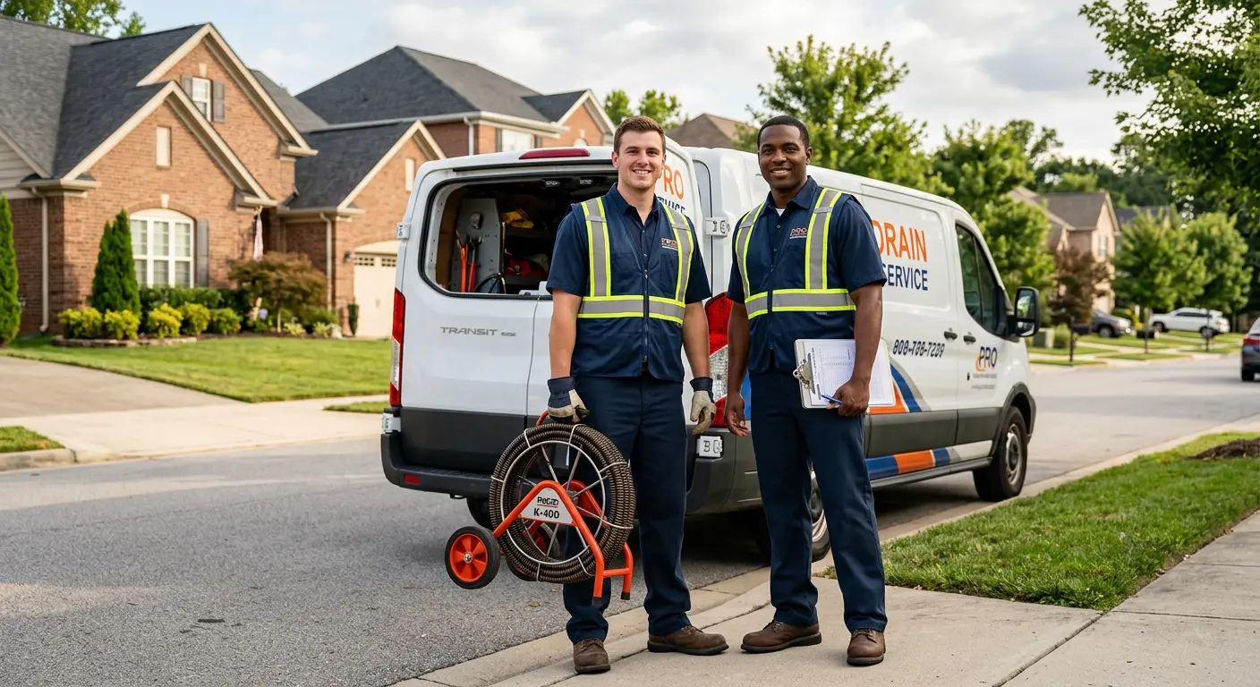 Sewer and drain service team with equipment ready for work in Giddings