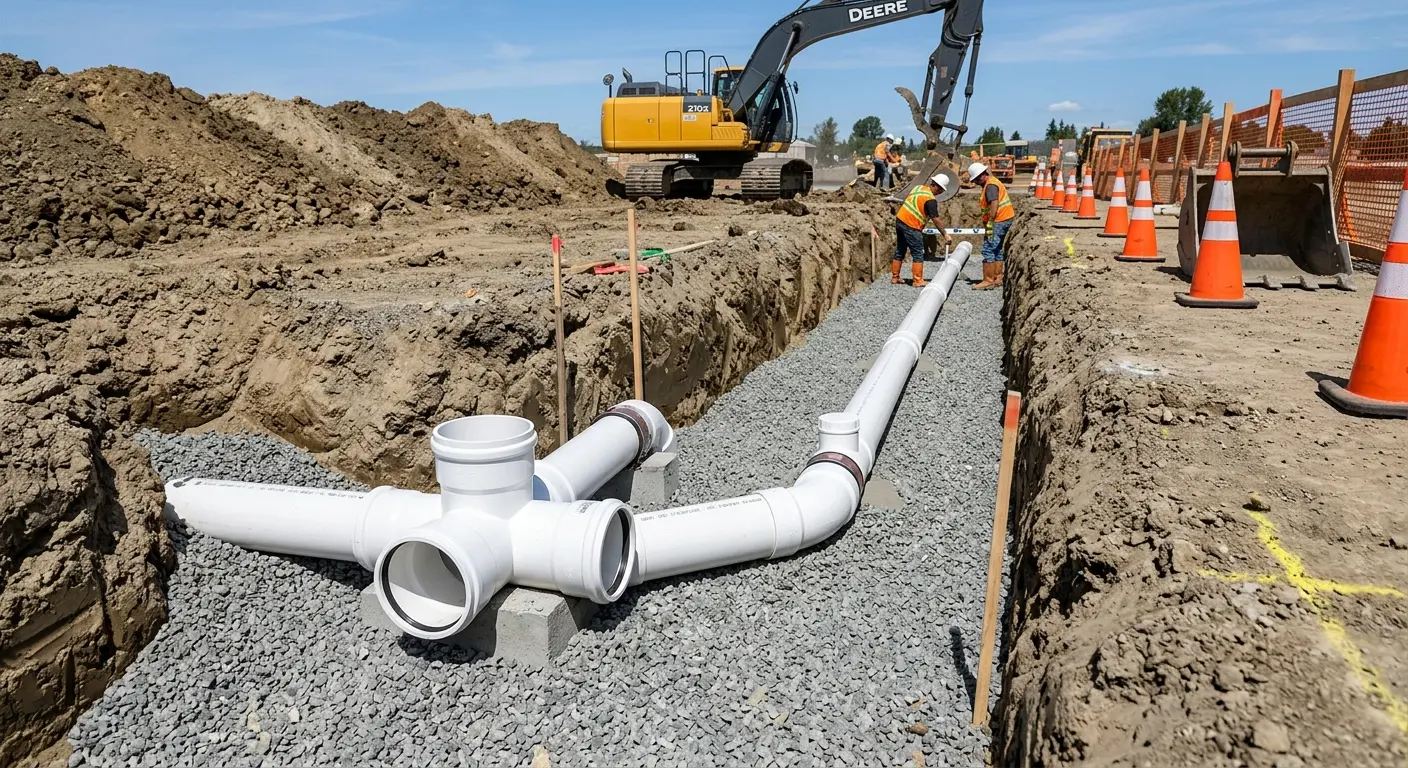 New PVC sewer pipe installation in open trench for Commercial Drain Cleaning in Giddings