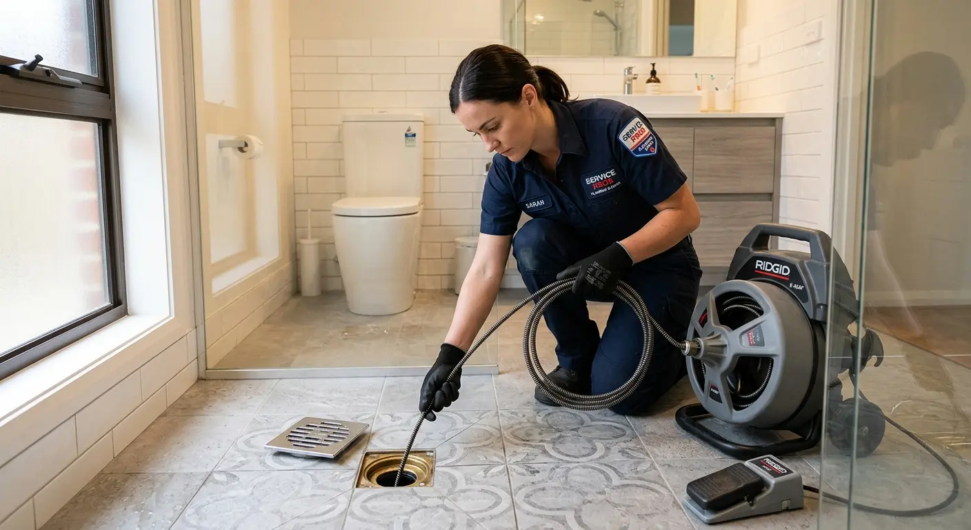 Technician clearing a bathroom floor drain for Clogged Drain Repair in Giddings